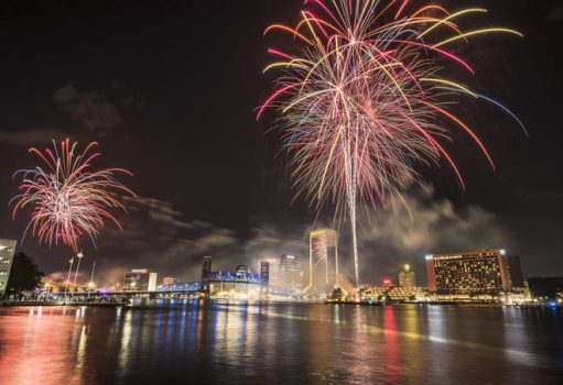Fireworks celebrate Independence Day Tuesday, July 4, 2017 on the St Johns River in Jacksonville, Florida.